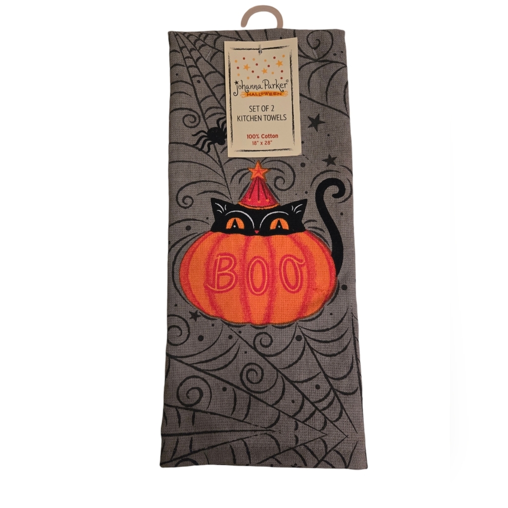 Set of 2 Johanna Parker Halloween black cat pumpkin grey kitchen towels, NWT